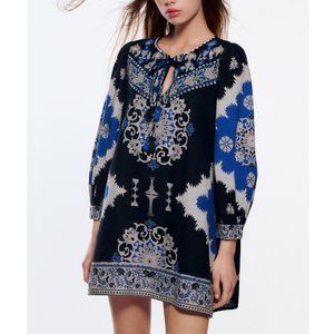 Zara Blue Embroidered Mini printed Dress boho